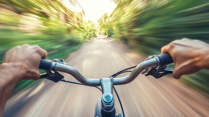 A dynamic view of a cyclist's hands gripping the handlebars on a forest trail.
