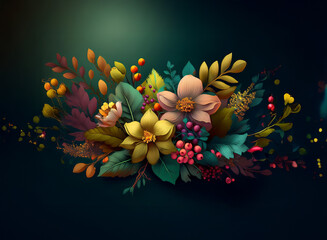 A lush bouquet of stylized flowers and leaves in autumnal hues, set against a dark background.  The composition is vibrant and slightly abstract, with a focus on texture and color.