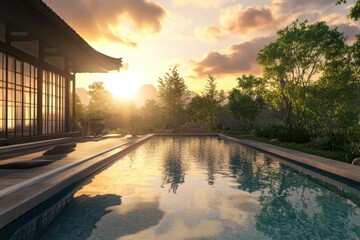 Serenity at sunset by a tranquil pool in a lush garden setting