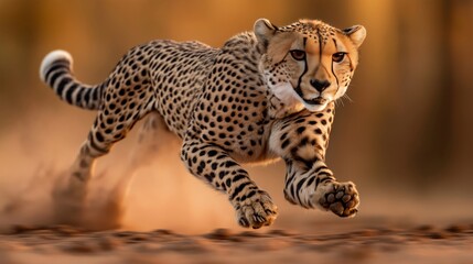Naklejka premium A powerful cheetah sprinting across the savannah during a golden sunset, with dust rising from the ground, capturing the speed and grace of the fastest land animal