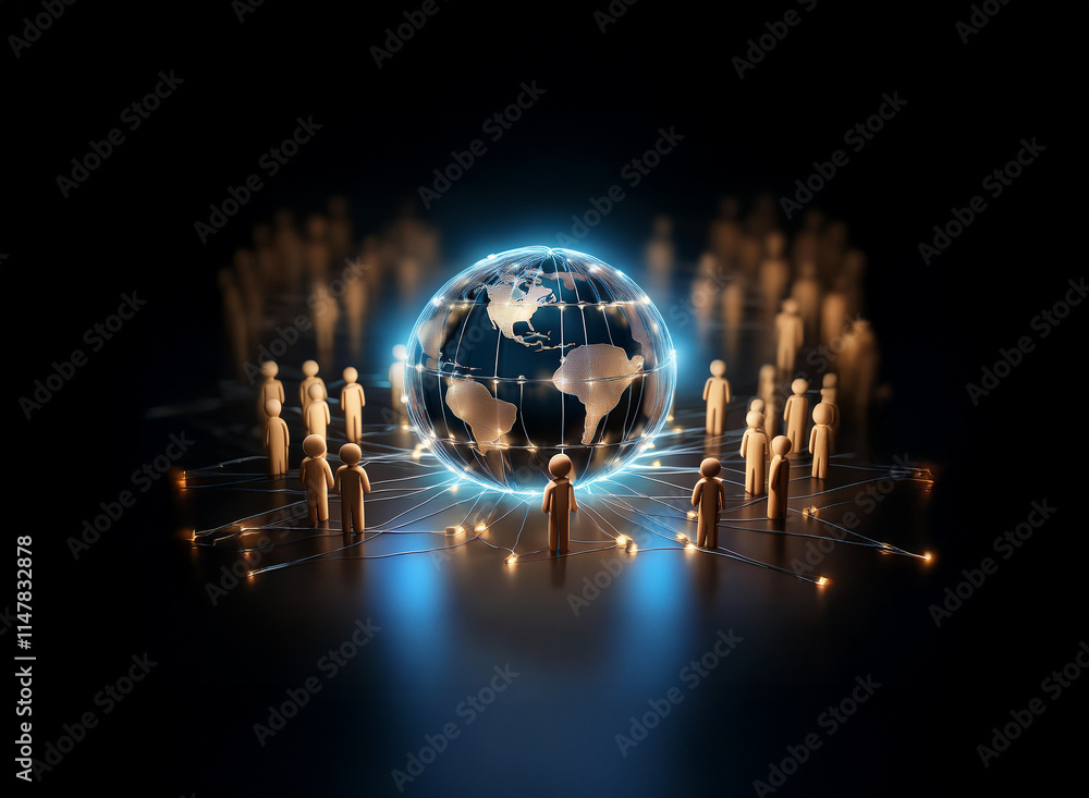 Poster Glowing digital earth encircled by interconnected figures, symbolizing global network and community.  Dark background emphasizes the connection.