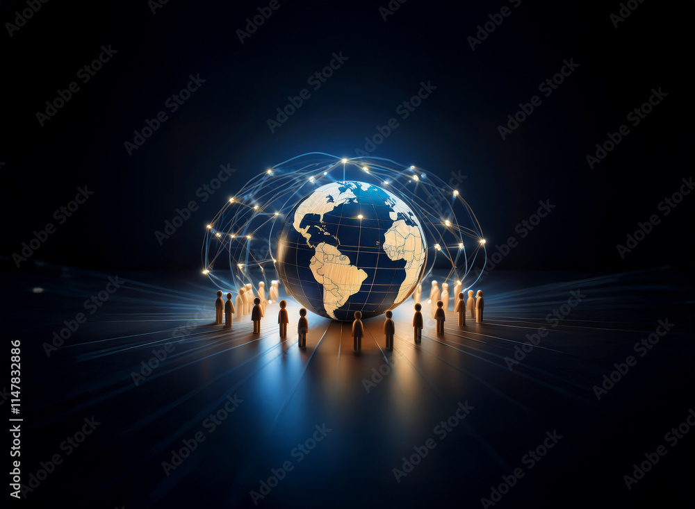 Poster A glowing globe encircled by a network of connections, symbolizing global connectivity and the interconnectedness of people across the world.  Small figures surround the base, representing a global co