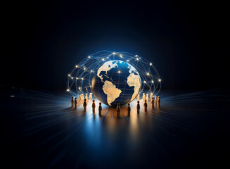A glowing globe encircled by a network of connections, symbolizing global connectivity and the interconnectedness of people across the world.  Small figures surround the base, representing a global co