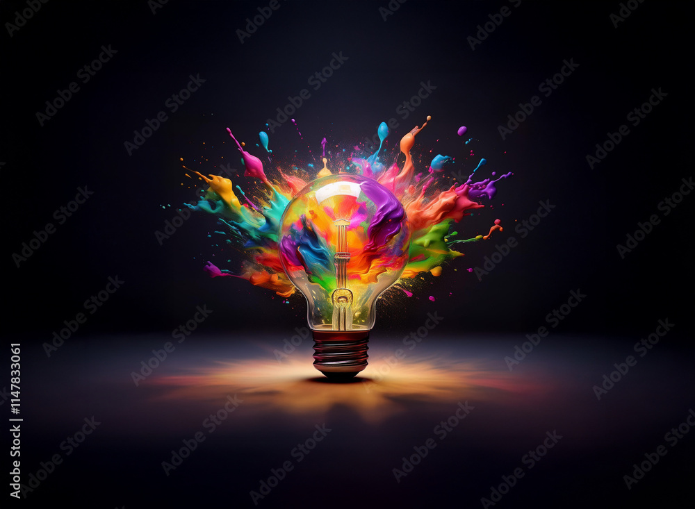 Poster a glowing light bulb explodes with vibrant, multicolored paint splashes against a dark background, s