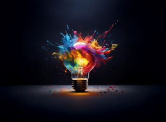 A lightbulb explodes in a vibrant burst of multicolored paint, symbolizing creativity and...