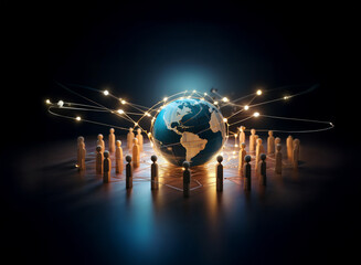 A glowing Earth encircled by interconnected figures, symbolizing global network and community.  Light trails connect the figures, representing communication and collaboration.