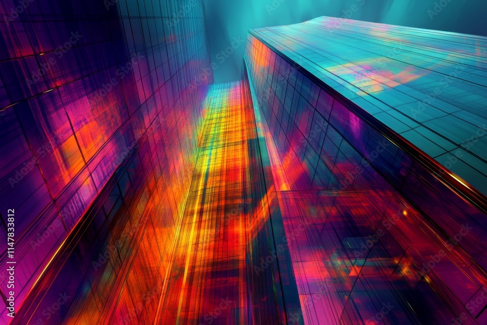 Poster abstract conceptual image of a futuristic skyscraper, highlighted by neon hues and dynamic forms.