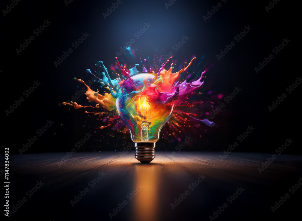 Aufkleber a lightbulb explodes in a vibrant burst of colorful paint, illuminating a dark background. the image