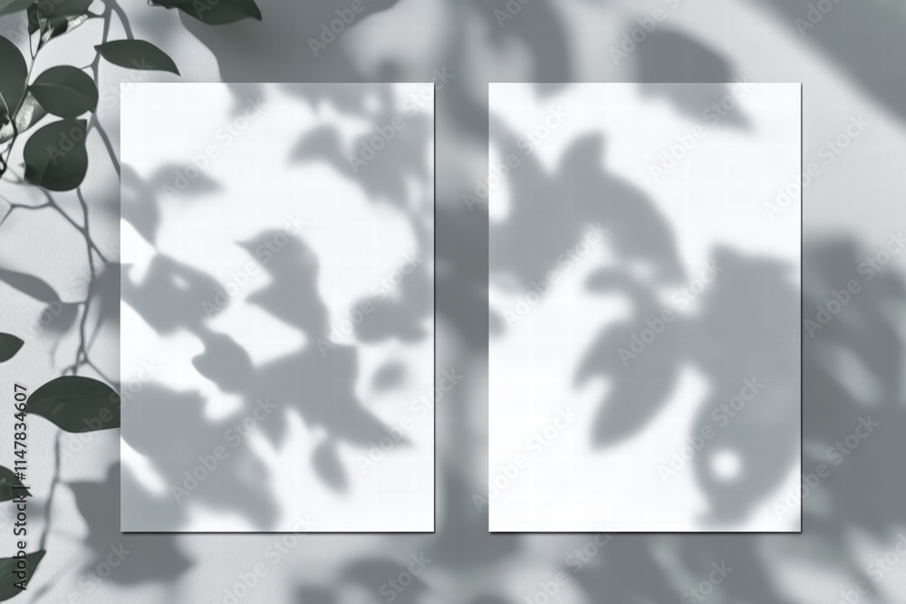 Poster vertical arrangement of textured white paper sheets with soft shadows and green leaves on a neutral 