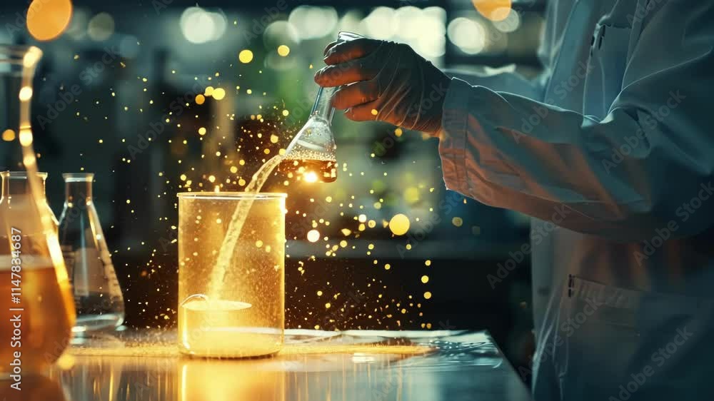 Aufkleber a scientist in a lab coat stirring a bubbling beaker filled with mixtures of particles.