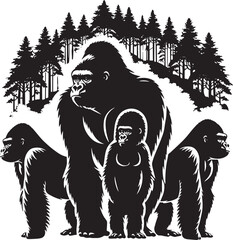 Vector Majestic family of gorillas silhouette with trees in the background on white background
