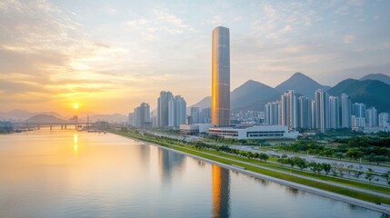 Naklejka premium The structure stands tall as a symbol of modernity and innovation, with its sleek design and cutting edge technology setting it apart from the traditional architecture of the city.