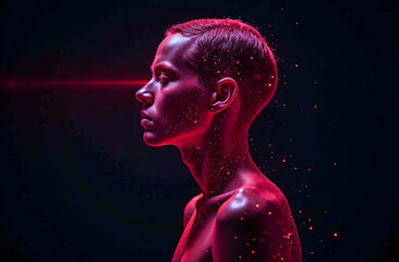 Red neutrino particles and waves form a grid as they pass through a person, but the person does not notice them. The smallest neutrino particles. Abstract representation