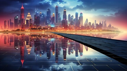 Fototapeta premium Rendering of neon megacity with reflections from puddles on street heading to buildings 