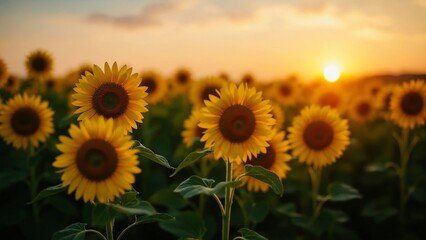 Obraz premium A vast field of sunflowers, their vibrant yellow petals glowing in the warm embrace of the golden hour