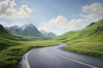 Naklejka premium Scenic winding road through lush green hills and mountains on a sunny day in nature