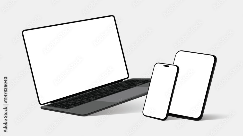 Poster tablet, and laptop vector mockup in rotated positions with blank screens. perspective view of device