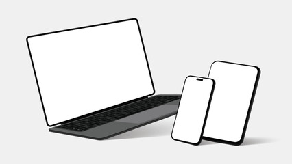 Tablet, and Laptop Vector Mockup in Rotated Positions with Blank Screens. Perspective View of Devices. Vector.