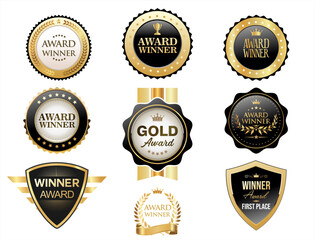 Award winner gold and black emblem and badges isolated on white background 