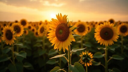 Obraz premium A vast field of sunflowers, their vibrant yellow petals glowing in the warm embrace of the golden hour