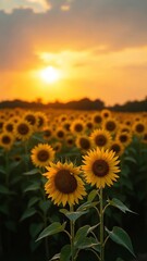 Fototapeta premium A vast field of sunflowers, their vibrant yellow petals glowing in the warm embrace of the golden hour