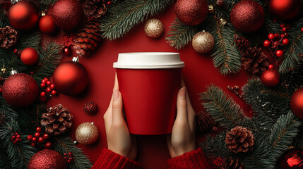 Woman's hands holding a red holiday coffee cup surrounded by festive ornaments and evergreen boughs. Cozy winter vibes!