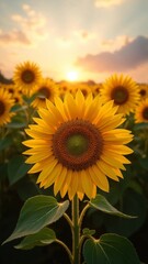 Fototapeta premium A vast field of sunflowers, their vibrant yellow petals glowing in the warm embrace of the golden hour