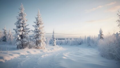Obraz premium Winter Wonderland: Snow-Covered Pines in a Frosty Forest