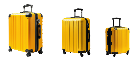 Set of yellow hard shell suitcases with wheels, isolated on transparent background, PNG