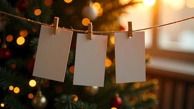 Fototapeta The photos hang on a string in front of the Christmas tree. Blank Space for photos and inscriptions