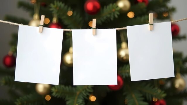 Fototapeta The photos hang on a string in front of the Christmas tree. Blank Space for photos and inscriptions