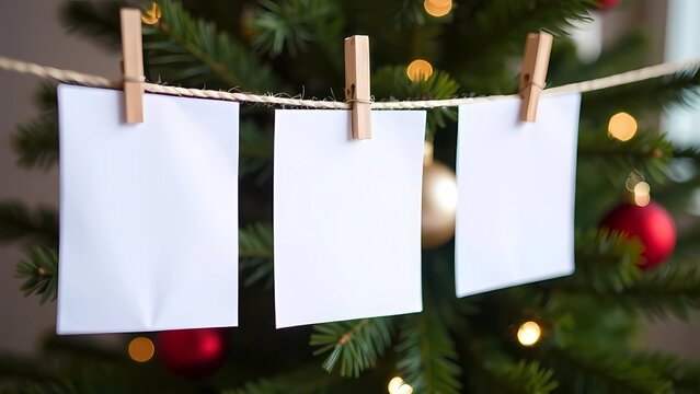 Fototapeta The photos hang on a string in front of the Christmas tree. Blank Space for photos and inscriptions