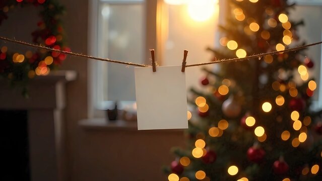 Fototapeta The photos hang on a string in front of the Christmas tree. Blank Space for photos and inscriptions