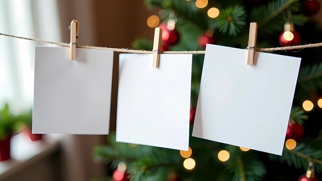 Fototapeta The photos hang on a string in front of the Christmas tree. Blank Space for photos and inscriptions