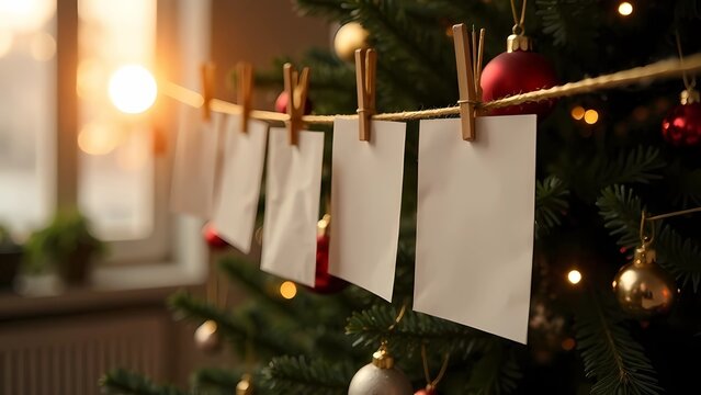 Fototapeta The photos hang on a string in front of the Christmas tree. Blank Space for photos and inscriptions