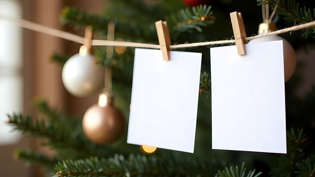 Fototapeta The photos hang on a string in front of the Christmas tree. Blank Space for photos and inscriptions