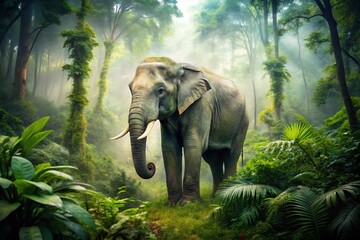 Double Exposure Jungle Elephant: Surreal Wildlife Photography, Gray Elephant, Green Jungle, Nature, Fantasy Art