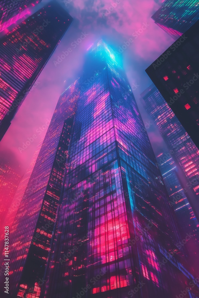 Poster artistic double exposure of a futuristic skyscraper, merging with dynamic city lights and synthwave 