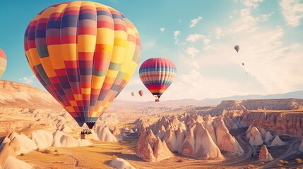 Obraz premium Colorful Hot Air Balloons Over Scenic Landscape at Sunrise