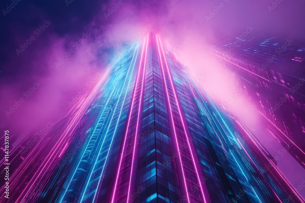 Poster artistic portrayal of a synthwave skyscraper, with dynamic neon colors and surreal, conceptual patte