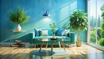 Double Exposure Minimalist Living Room: Blue Wall, Sofa, Plants, Window