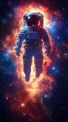 Fototapeta premium An astronaut floats in a vibrant cosmic landscape, surrounded by colorful nebulae and stars, evoking a sense of exploration.