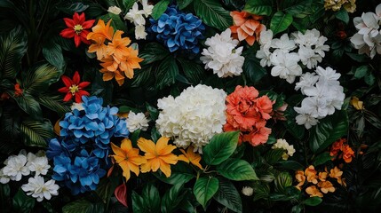 Vibrant artificial flowers in various colors and textures arranged on dark green leaves.