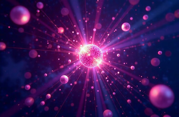 Fototapeta premium The electrons will hit the nucleus of the atom, releasing a huge nuclear force. Against a dark purple background, bunches of multicolored blurred waves.A diagram of quantum energy fields.