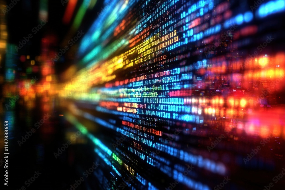 Fototapete Colorful Code Lights Up the Screen, Reflecting the Digital World with Vibrant Data Streams in a Close-Up Image of Computer Graphics