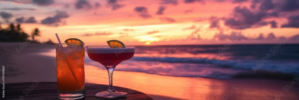 Aufkleber breathtaking tropical beach sunset with colorful cocktails creating a perfect relaxing atmosphere. g