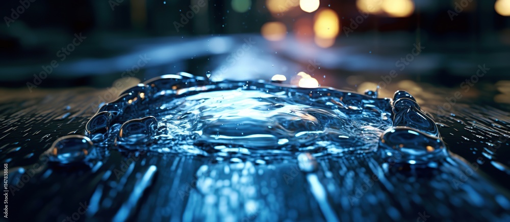Poster water drop splashing on a wooden surface with blurred background bokeh