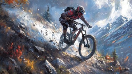 Naklejka premium Mountain Biker Riding Downhill Through Rocky Trail in Nature Landscape