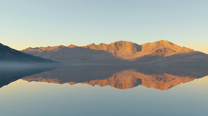 A serene reflection of mountains on a calm lake, with the light of the setting sun creating a peaceful, awe-inspiring atmosphere