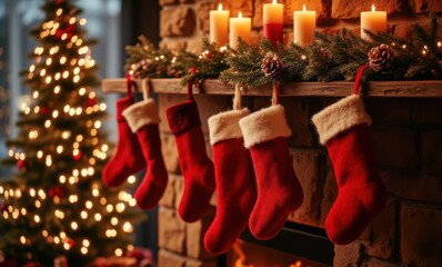 Festive Christmas stockings by the fireplace